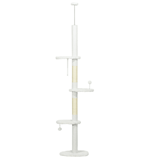 PawHut Arranhador para Gatos de 255 cm Torre para Gatos do Chão ao Teto com Altura Ajustável 3 Plataformas em Forma de Nuvem Poste de Arranhar e Bolas Suspensas 48x32x225-255 cm Branco