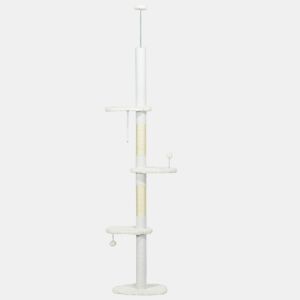 PawHut Arranhador para Gatos de 255 cm Torre para Gatos do Chão ao Teto com Altura Ajustável 3 Plataformas em Forma de Nuvem Poste de Arranhar e Bolas Suspensas 48x32x225-255 cm Branco