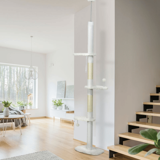 PawHut Arranhador para Gatos de 255 cm Torre para Gatos do Chão ao Teto com Altura Ajustável 3 Plataformas em Forma de Nuvem Poste de Arranhar e Bolas Suspensas 48x32x225-255 cm Branco