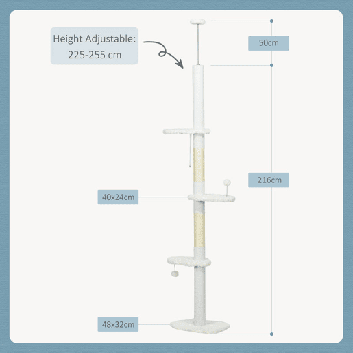 PawHut Arranhador para Gatos de 255 cm Torre para Gatos do Chão ao Teto com Altura Ajustável 3 Plataformas em Forma de Nuvem Poste de Arranhar e Bolas Suspensas 48x32x225-255 cm Branco