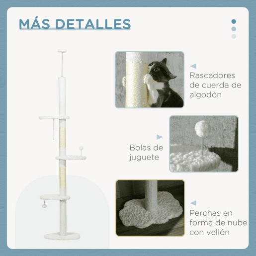 PawHut Arranhador para Gatos de 255 cm Torre para Gatos do Chão ao Teto com Altura Ajustável 3 Plataformas em Forma de Nuvem Poste de Arranhar e Bolas Suspensas 48x32x225-255 cm Branco