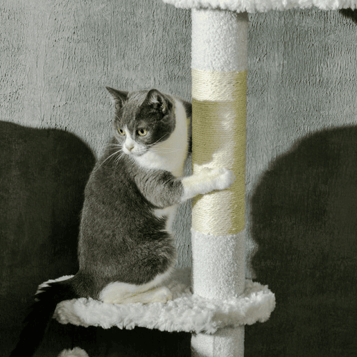 PawHut Arranhador para Gatos de 255 cm Torre para Gatos do Chão ao Teto com Altura Ajustável 3 Plataformas em Forma de Nuvem Poste de Arranhar e Bolas Suspensas 48x32x225-255 cm Branco