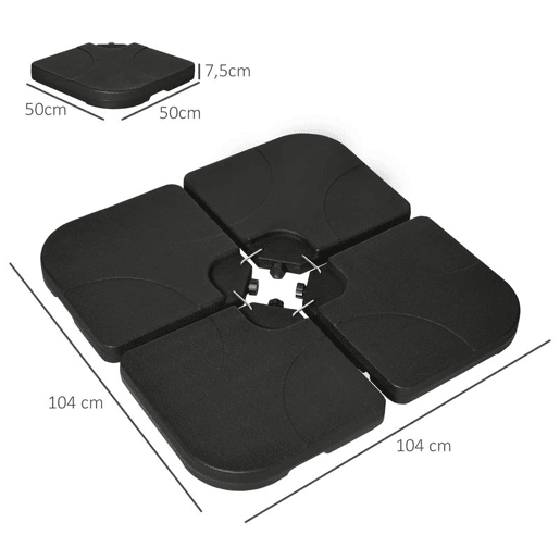 Outsunny Conjunto de Pesos para Base de Chapéu de Sol de 4 Peças Base para Chapéu de Sol Quadrada Preenchível com 15 Litros de Água ou 19,5 kg de Areia para Base Cruzada Preto