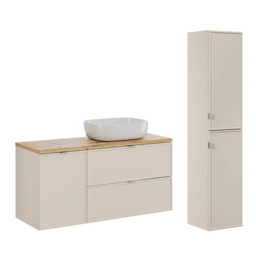 Conjunto móvel lavatório simples 120cm cesto roupa e coluna Alba Caxemira