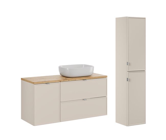 Conjunto de muebles con lavabo individual 120cm cesto de ropa y columna alba cachemira