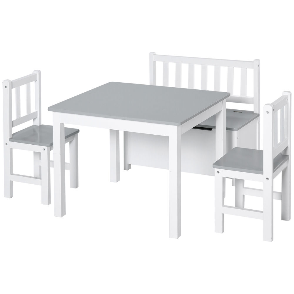 Homcom mesa y sillas infantiles de 4 piezas mesa infantil con 2 sillas y banco con almacenaje juego de muebles para actividades para niños de +3 años para dormitorio sala de juegos gris y blanco