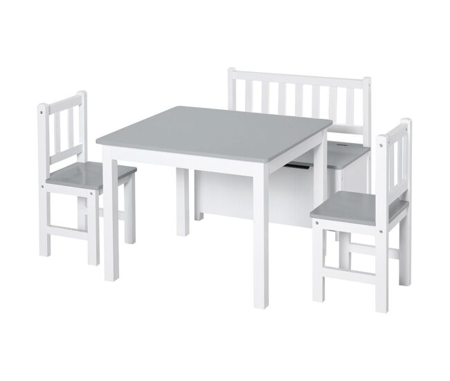 Homcom mesa y sillas infantiles de 4 piezas mesa infantil con 2 sillas y banco con almacenaje juego de muebles para actividades para niños de +3 años