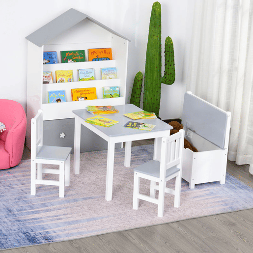 HOMCOM Conjunto Infantil de Mesa 2 Cadeiras e Banco com Armazenamento Móveis Infantil para Sala de Jogos Dormitório Branco e Cinza