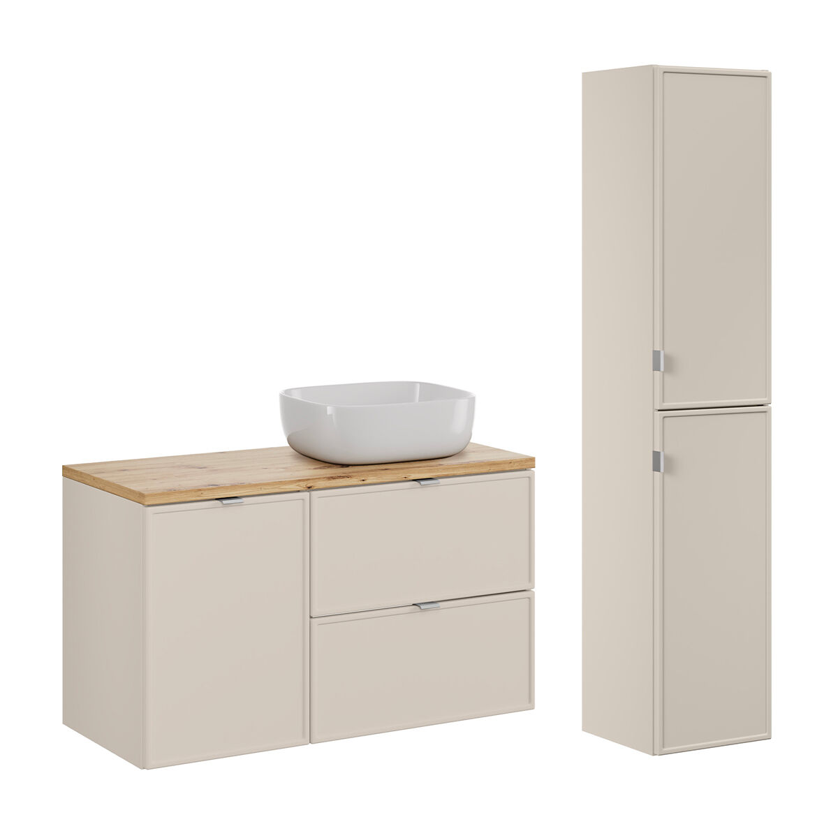 Conjunto de muebles con lavabo con cesto de ropa y columna Alba