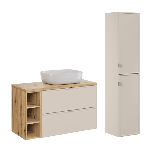 Conjunto móvel de lavatório simples Alba Cachemire 100cm 3 nichos e coluna