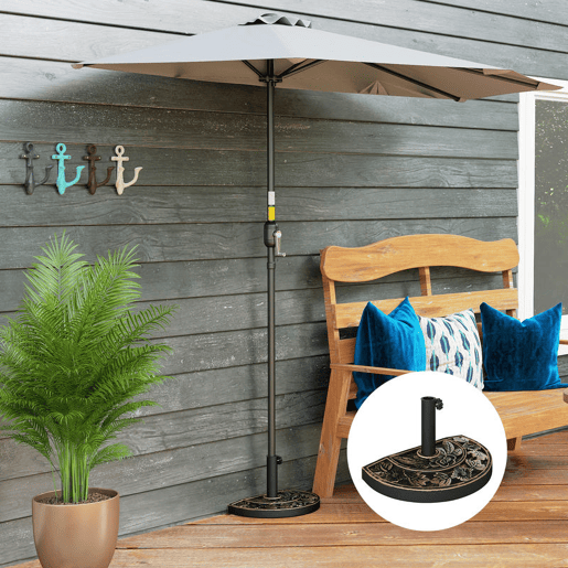 Outsunny Base para Chapéu de Sol Peso 9 kg Base para Chapéu de Sol de Resina em Forma Semicircular para Mastros de Ø3,8 cm e Ø4,8 cm para Varanda Pátio Jardim 50x31x32 cm Bronze