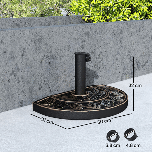 Outsunny Base para Chapéu de Sol Peso 9 kg Base para Chapéu de Sol de Resina em Forma Semicircular para Mastros de Ø3,8 cm e Ø4,8 cm para Varanda Pátio Jardim 50x31x32 cm Bronze