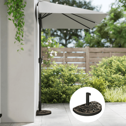 Outsunny Base para Chapéu de Sol Peso 9 kg Base para Chapéu de Sol de Resina em Forma Semicircular para Mastros de Ø3,8 cm e Ø4,8 cm para Varanda Pátio Jardim 50x31x32 cm Bronze