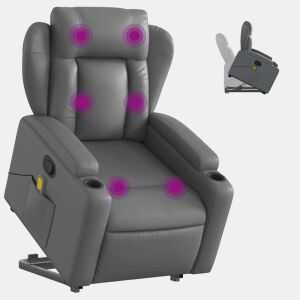 vidaXL Poltrona massagens reclinável elevatória couro artif. cinzento
