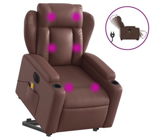 Vidaxl sillón de masaje elevable eléctrico cuero sintético marrón