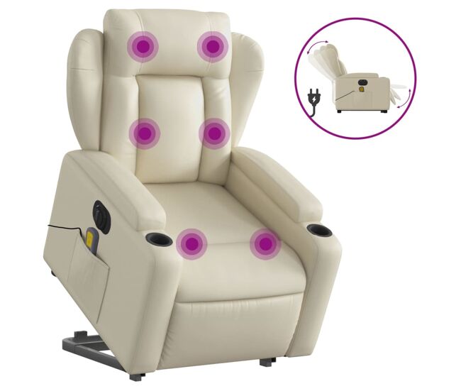 Vidaxl sillón de masaje elevable eléctrico cuero sintético crema
