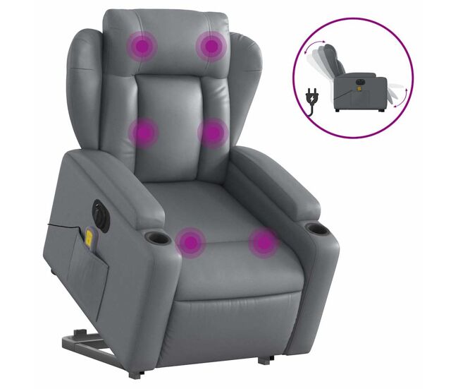 Vidaxl sillón de masaje elevable eléctrico cuero sintético gris