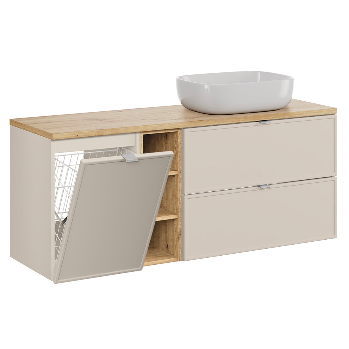 Mueble lavabo individual 140cm 3 compartimientos cesto de ropa alba cachemira
