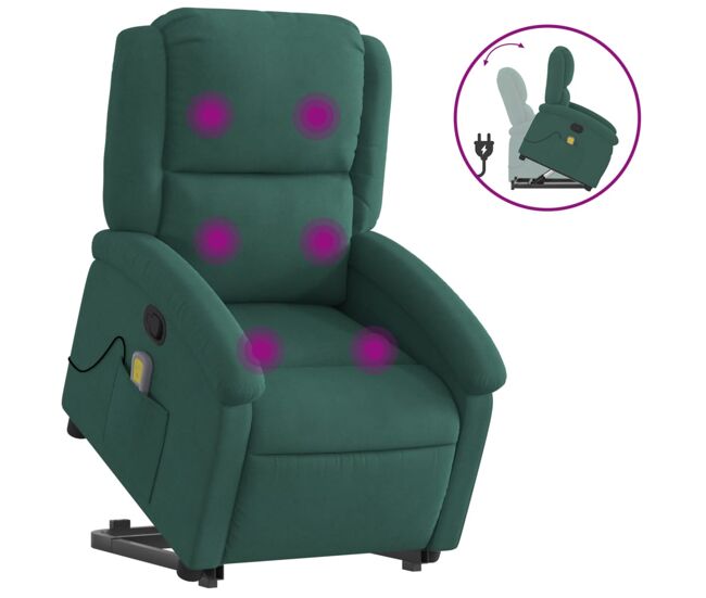 Vidaxl sillón reclinable de masaje elevable terciopelo verde oscuro