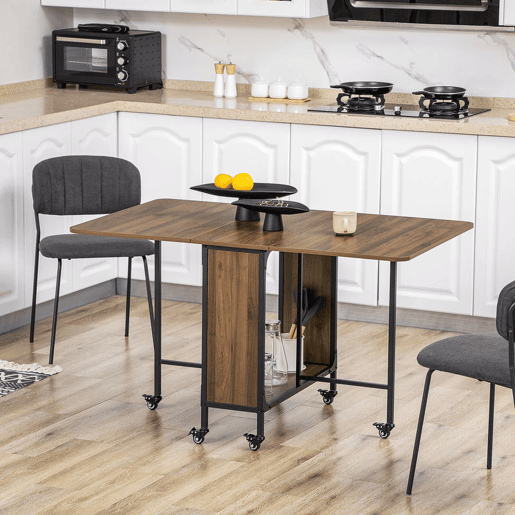 HOMOM Mesa de Cozinha Dobrável Mesa de Refeição Dobrável com Rodas Laterais Abatíveis e Prateleira Mesa Dobrável para Sala de Jantar 130x80x74 cm Marrom