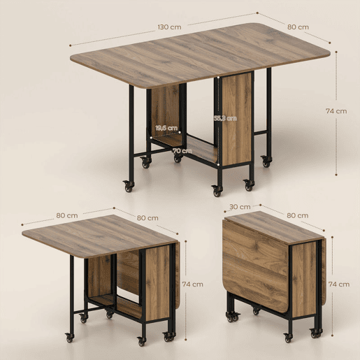 HOMOM Mesa de Cozinha Dobrável Mesa de Refeição Dobrável com Rodas Laterais Abatíveis e Prateleira Mesa Dobrável para Sala de Jantar 130x80x74 cm Marrom