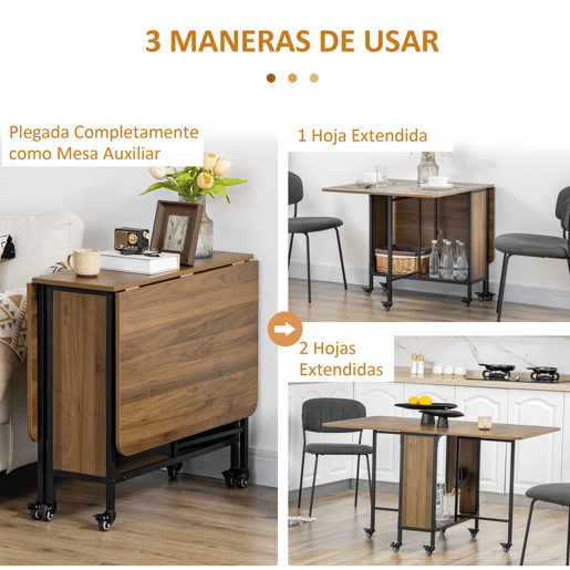 HOMOM Mesa de Cozinha Dobrável Mesa de Refeição Dobrável com Rodas Laterais Abatíveis e Prateleira Mesa Dobrável para Sala de Jantar 130x80x74 cm Marrom