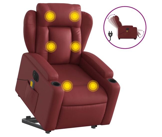 Vidaxl sillón de masaje elevable eléctrico cuero artificial rojo tinto