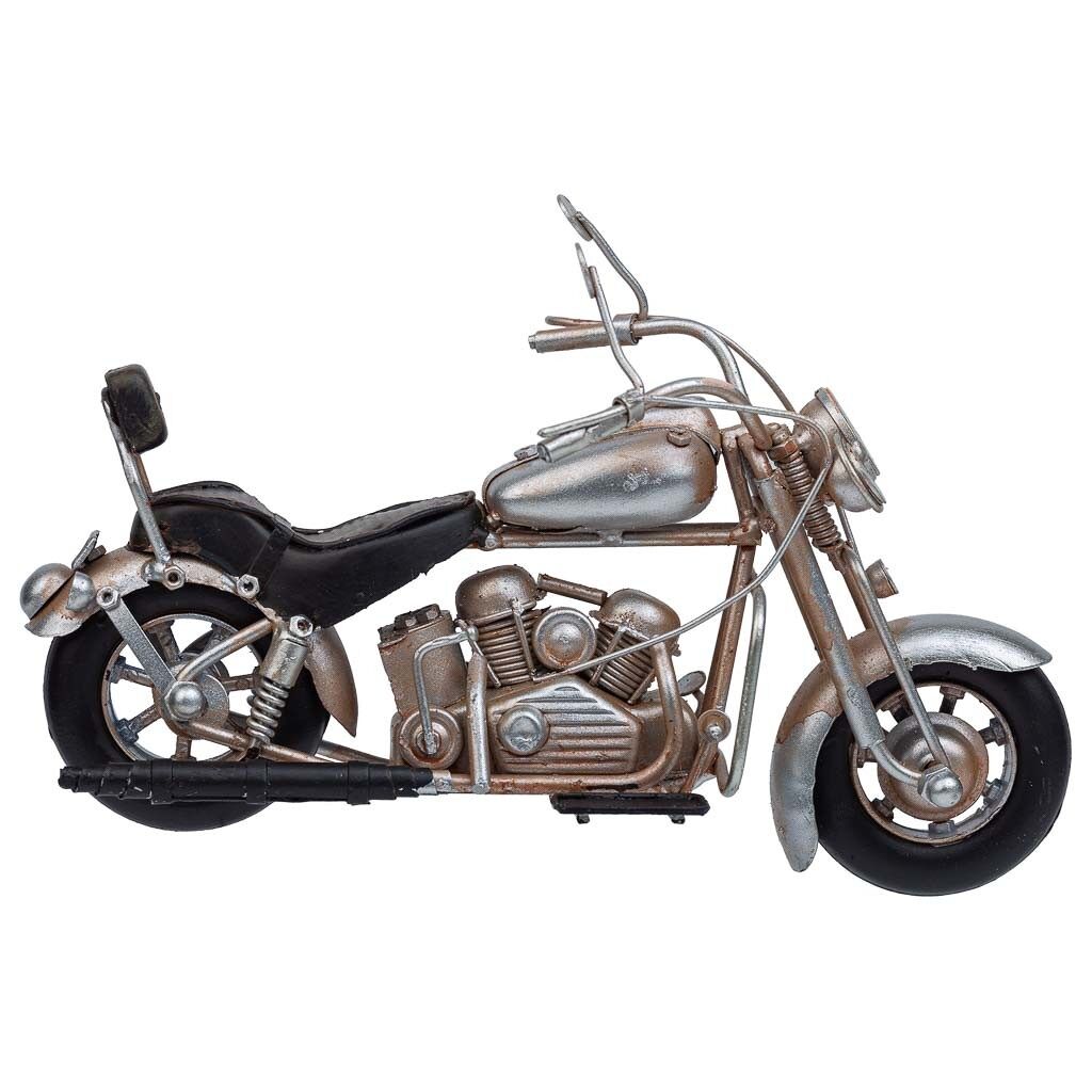 Moto de metal en color plata mide 19x8.5x11h cm