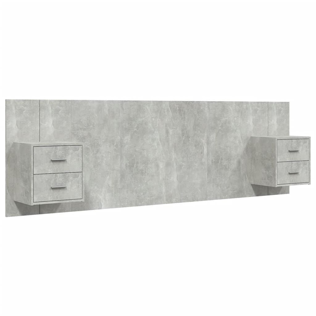 Cabecero de cama y mesitas madera contrachapada gris hormigón dos cajones