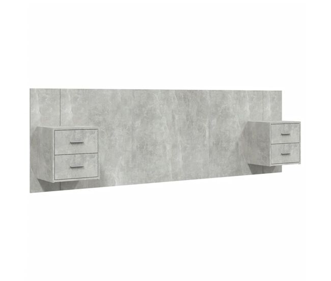Cabecero de cama y mesitas madera contrachapada gris hormigón dos cajones