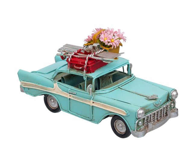 Coche de metal con decoración en color azul mide 16.5x7x8h cm