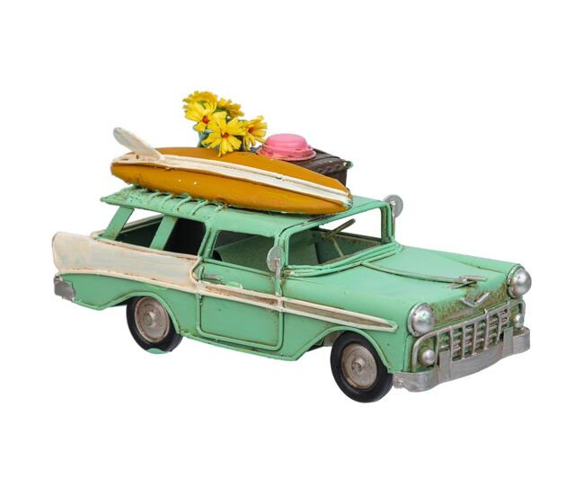 Coche de metal con decoración en color verde mide 16.5x7.5x8.5h cm