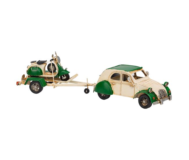 Coche remolque con moto de metal en color verde mide 41x9x9.5h cm