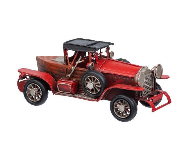 Coche de metal en un tono rojo brillante mide 16x7x7h cm.