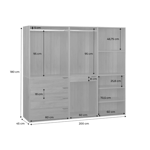 Kit de roupeiro modular com 3 elementos, Modulo, Madeira de nogueira, 200x45x180 cm