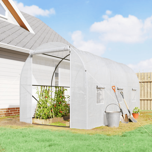 Outsunny Estufa de Jardim 350x200x200 cm Estufa de Túnel com Porta Enrolável e 6 Janelas Cobertura de PE 140 gm² Estrutura de Metal para Cultivo de Plantas Verduras Branco