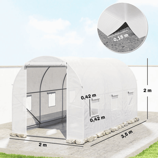Outsunny Estufa de Jardim 350x200x200 cm Estufa de Túnel com Porta Enrolável e 6 Janelas Cobertura de PE 140 gm² Estrutura de Metal para Cultivo de Plantas Verduras Branco