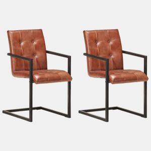 vidaXL Cadeiras de jantar cantilever 2 pcs couro genuíno castanho
