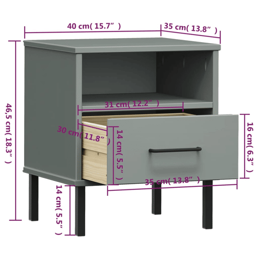 vidaXL Mesa cabeceira c pernas de metal OSLO pinho maciço cinzento