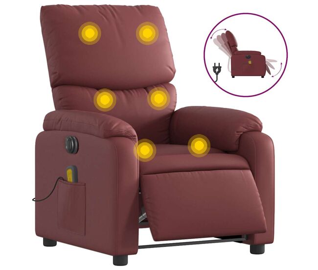 Vidaxl sillón masaje reclinable eléctrico cuero sintético rojo tinto
