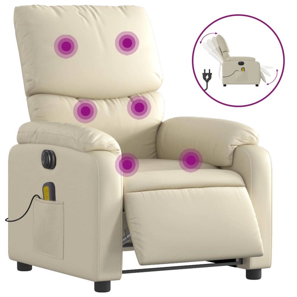 Vidaxl sillón de masaje reclinable eléctrico cuero sintético crema