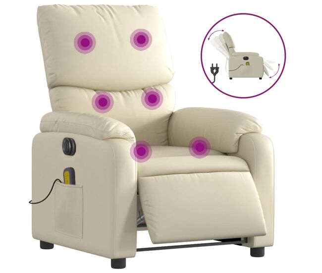 Vidaxl sillón de masaje reclinable eléctrico cuero sintético crema