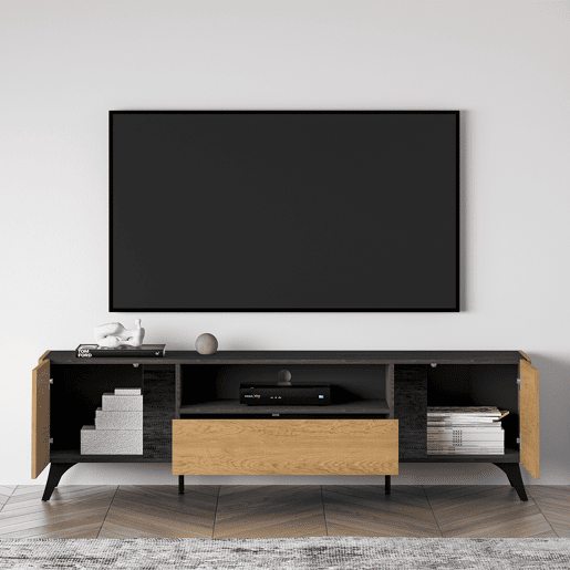 Mesa de TV Soah em madeira e preto com 2 portas e 180 cm