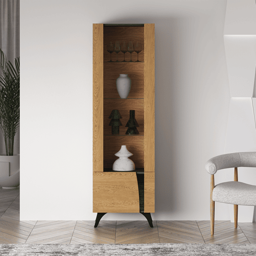 Vitrina de 2 portas Soah em madeira e preto, à esquerda Vitrina de 2 portas Soah em madeira e preto, à esquerda