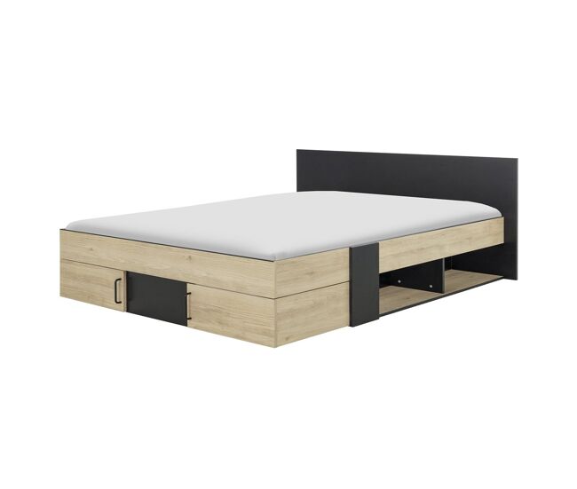 Cama con almacenaje 160 x 200 cm - negro y madera clara