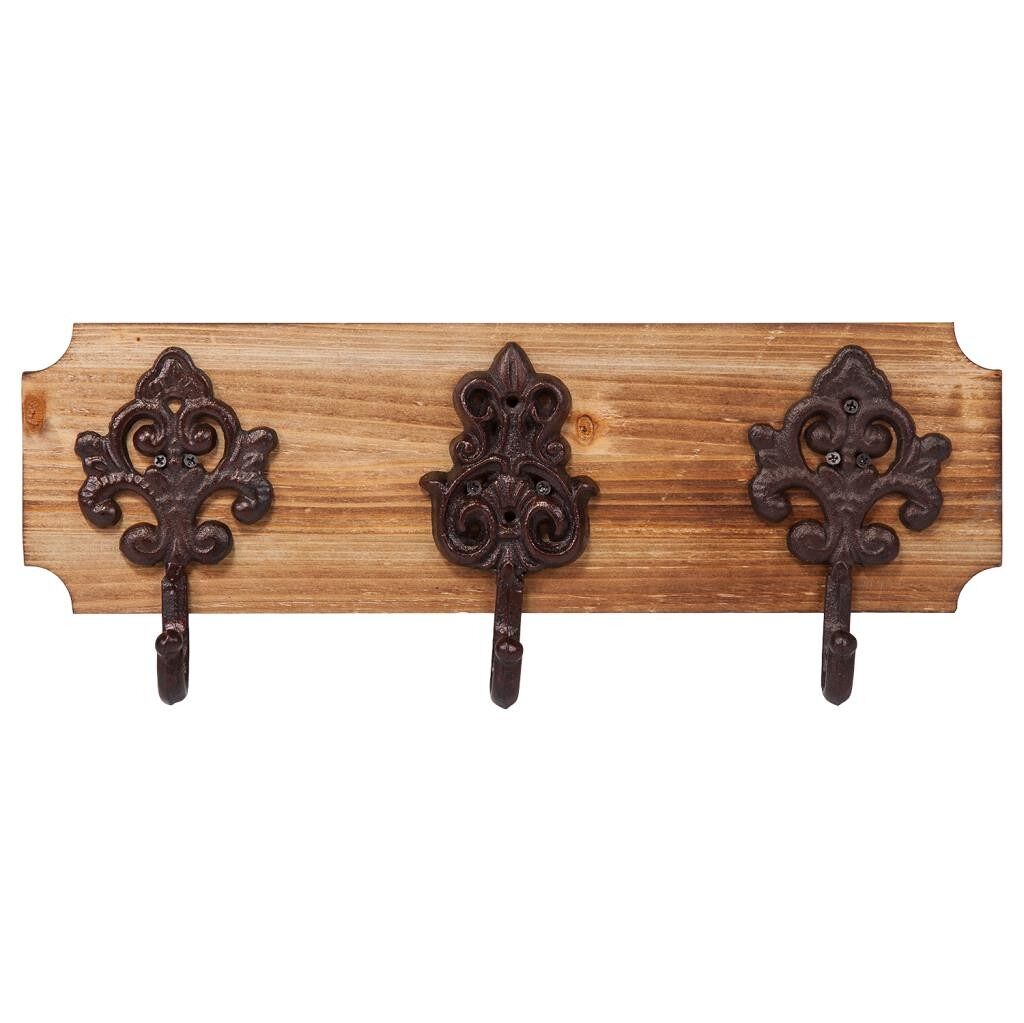 Percha de pared de madera y metal 3 ganchos marrón 40x13x10