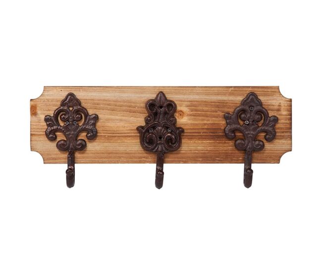 Percha de pared de madera y metal 3 ganchos marrón 40x13x10