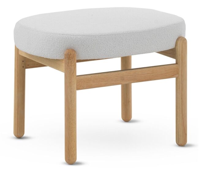 Puf tapizado en boucle blanco con estructura y patas en pino natural