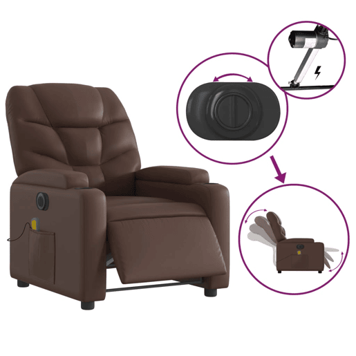vidaXL Poltrona massagens reclinável elétrica couro artif. castanho
