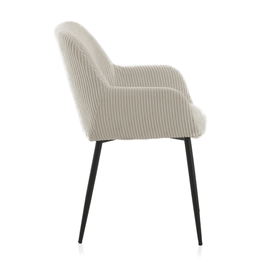 Conjunto de 4 poltronas estofadas em tecido de veludo cotelê branco com pés em metal preto